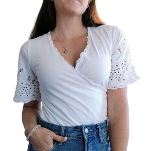 Lauren Ralph Lauren Faux Wrap Eyelet Top Womens PS White‎ Cottagecore Peasant